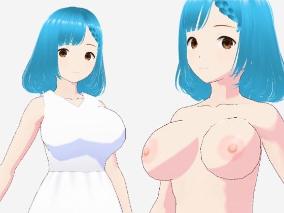 白いワンピースにシアン色の髪の巨乳お姉さん（セリフなし  3DCGモデル  イラスト集）